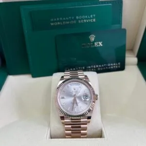 RLX Day-Date "President" 40mm Everose Gold Sundust Diamond Baguette Dial - 228235
