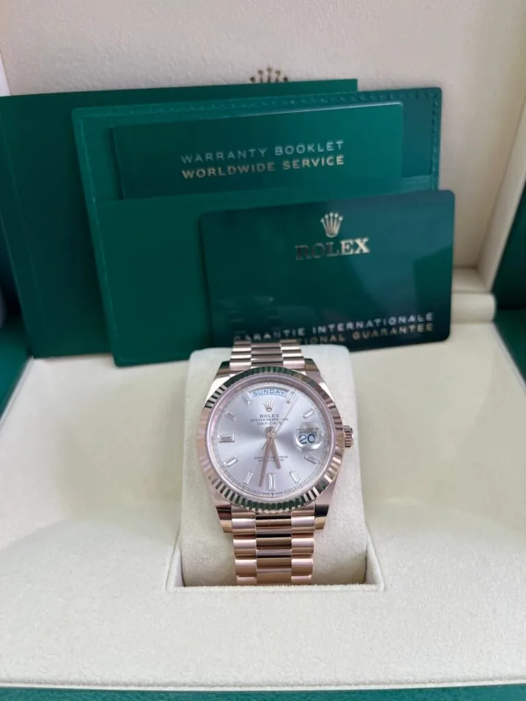 RLX Day-Date "President" 40mm Everose Gold Sundust Diamond Baguette Dial - 228235