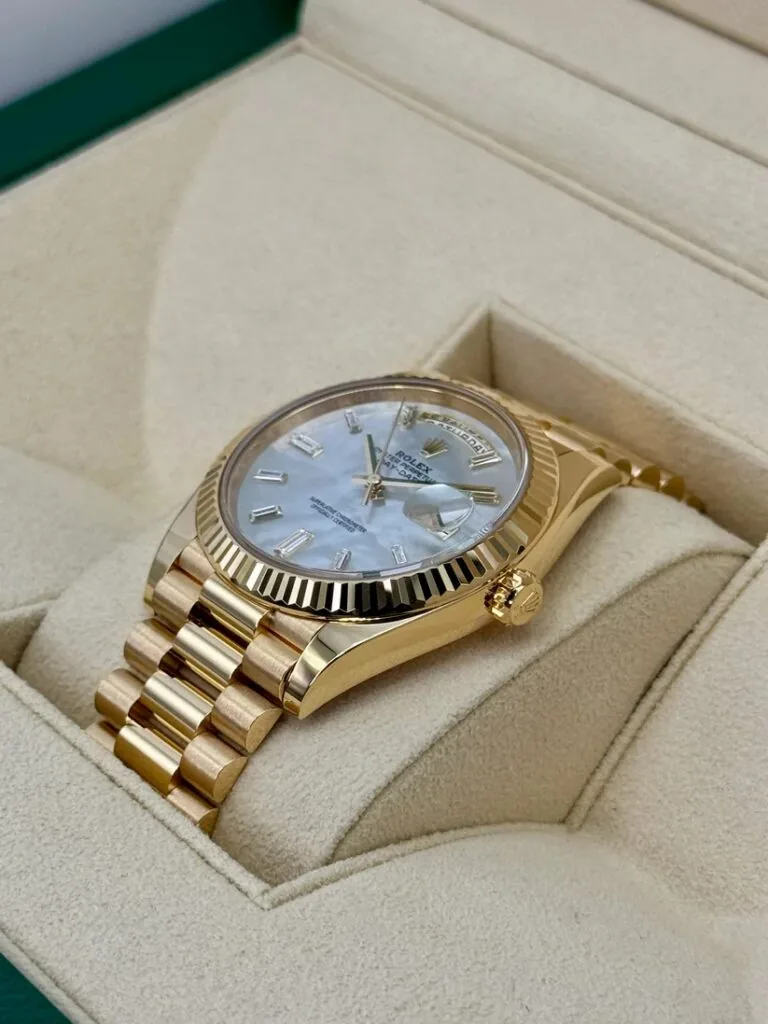 RLX Day-Date 40mm Yellow Gold President Mother of Pearl Diamond Baguette Dial - 228238