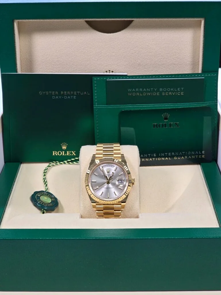 RLX Day-Date "President" 40mm Yellow Gold Silver Index Dial - 228238