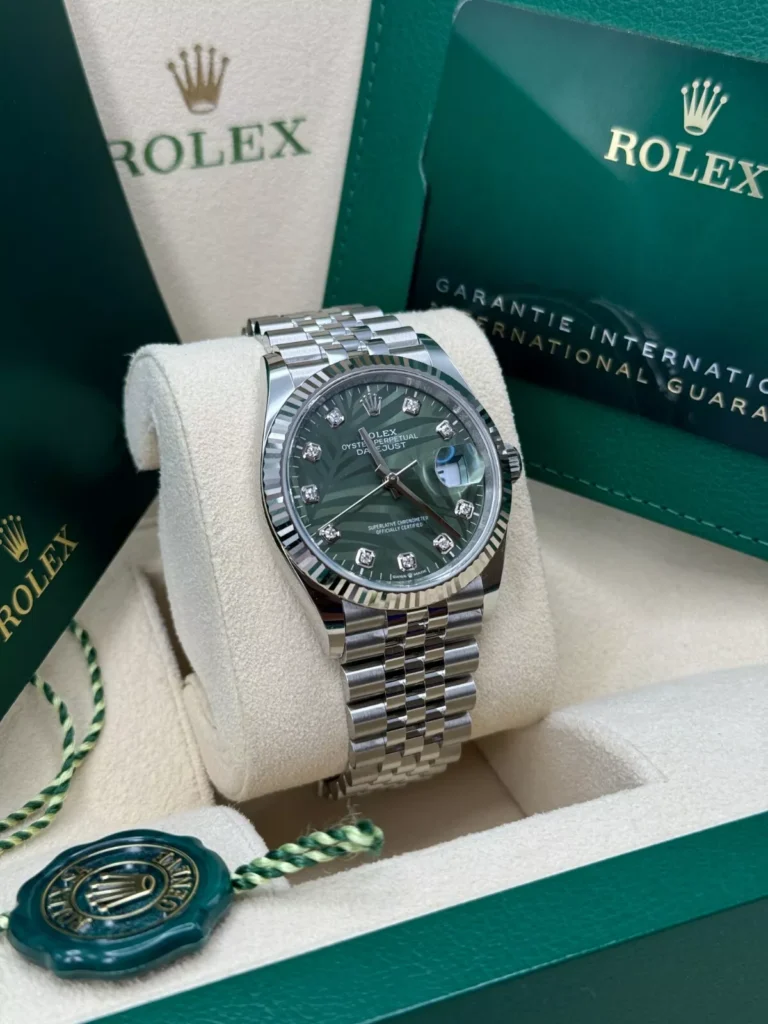 RLX Datejust 36mm 126234 Olive Green Palm Motif Diamond Dial Jubilee Stainless Steel Watch
