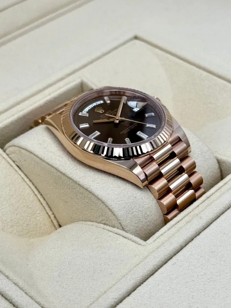 RLX Day-Date "President" 40mm Everose Gold Chocolate Diamond Baguette Dial - 228235