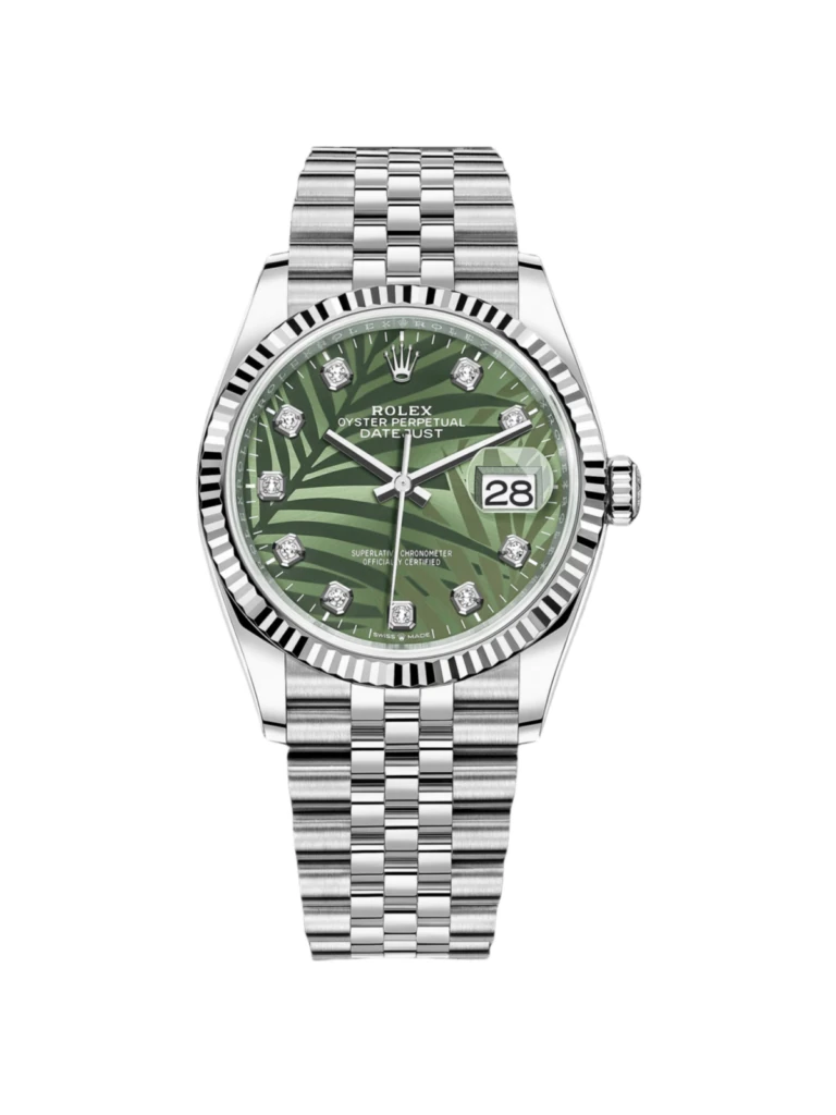 RLX Datejust 36mm 126234 Olive Green Palm Motif Diamond Dial Jubilee Stainless Steel Watch