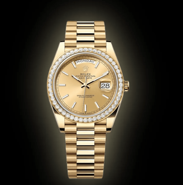 RLX Day-Date 40mm Champaign Dial and Diamond Bezel Yellow Gold President Bracelet 228348RBR-0008
