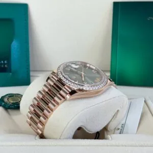 RLX "President" 40mm Everose Gold Olive Green Roman Dial Diamond Bezel - 228345RBR