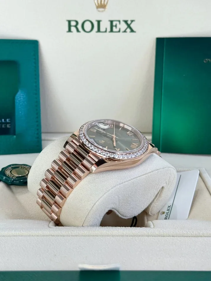 RLX "President" 40mm Everose Gold Olive Green Roman Dial Diamond Bezel - 228345RBR