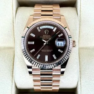RLX Day-Date "President" 40mm Everose Gold Chocolate Diamond Baguette Dial - 228235