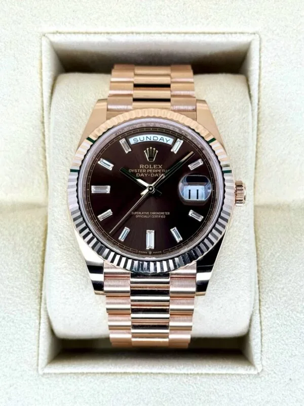 RLX Day-Date "President" 40mm Everose Gold Chocolate Diamond Baguette Dial - 228235