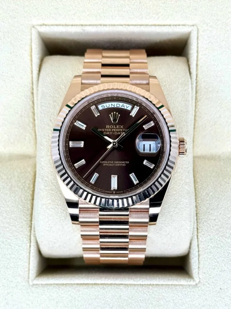 RLX Day-Date "President" 40mm Everose Gold Chocolate Diamond Baguette Dial - 228235