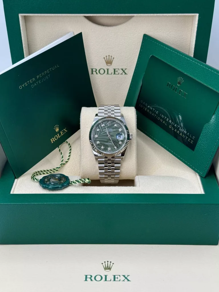 RLX Datejust 36mm 126234 Olive Green Palm Motif Diamond Dial Jubilee Stainless Steel Watch