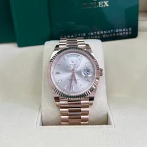 RLX Day-Date "President" 40mm Everose Gold Sundust Diamond Baguette Dial - 228235