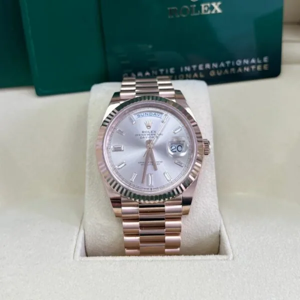 RLX Day-Date "President" 40mm Everose Gold Sundust Diamond Baguette Dial - 228235