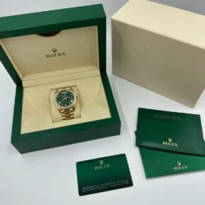 RLX Day-Date "President" 40mm Yellow Gold Green Roman Dial Diamond Bezel - 228348rbr