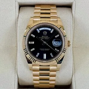 RLX Yellow Gold President Day Date 40mm Black Diamond Baguette Dial - 228238
