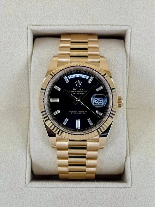 RLX Yellow Gold President Day Date 40mm Black Diamond Baguette Dial - 228238