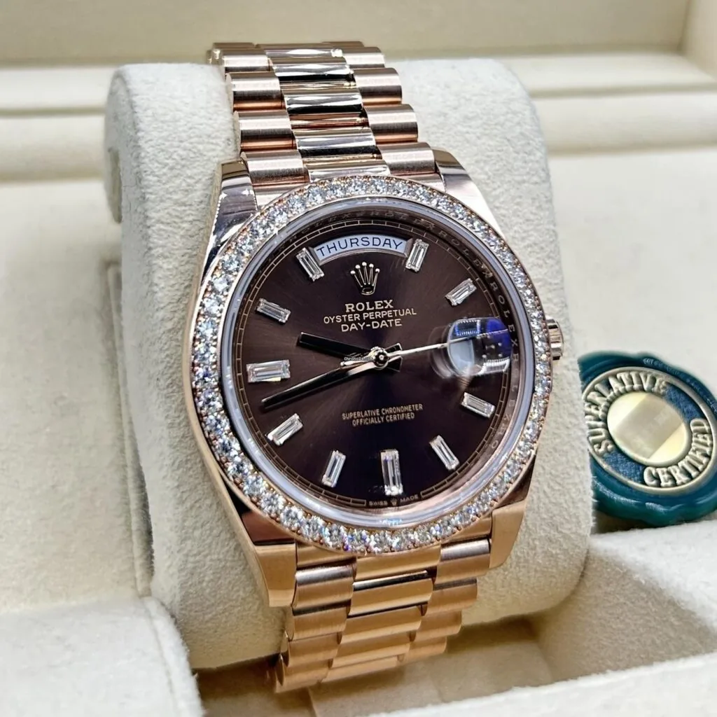RLX Day-Date 40mm Chocolate Baguette Diamond Dial Diamond Bezel Dial Watch 228345RBR