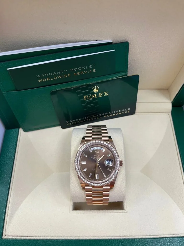 RLX Day-Date 40mm Chocolate Baguette Diamond Dial Diamond Bezel Dial Watch 228345RBR