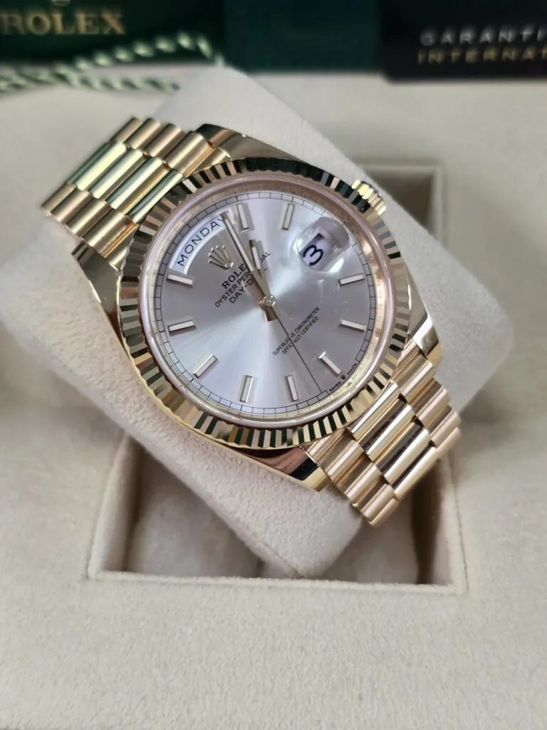 RLX Day-Date "President" 40mm Yellow Gold Silver Index Dial - 228238