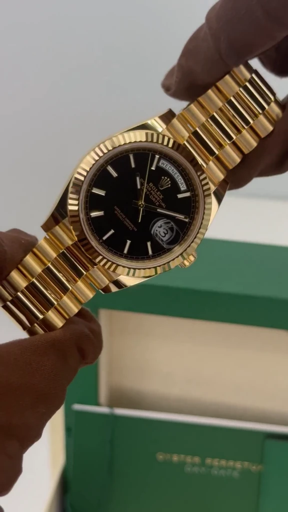 RLX Day-Date "President" 40mm Yellow Gold Black Index Dial - 228238