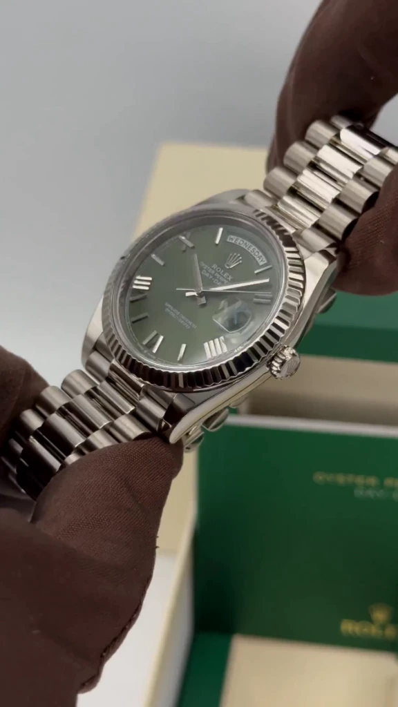 RLX Day-Date "President" 40mm White Gold Green Roman Dial - 228239