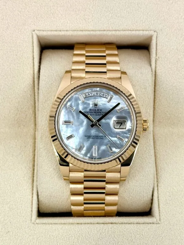 RLX Day-Date 40mm Yellow Gold President Mother of Pearl Diamond Baguette Dial - 228238