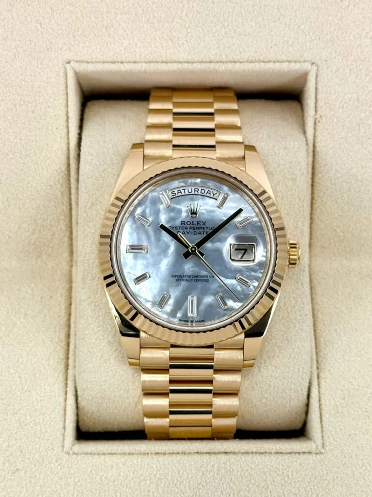 RLX Day-Date 40mm Yellow Gold President Mother of Pearl Diamond Baguette Dial - 228238
