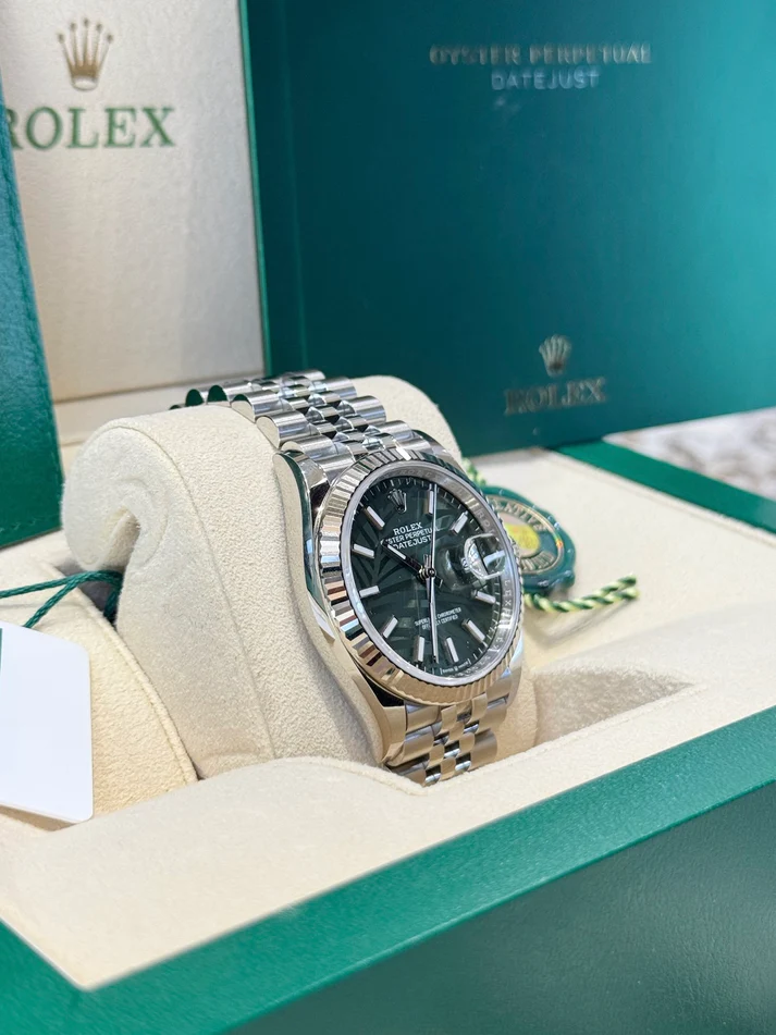 RLX Datejust 36mm 126234 Olive Green Palm Motif Dial Jubilee Stainless Steel Watch