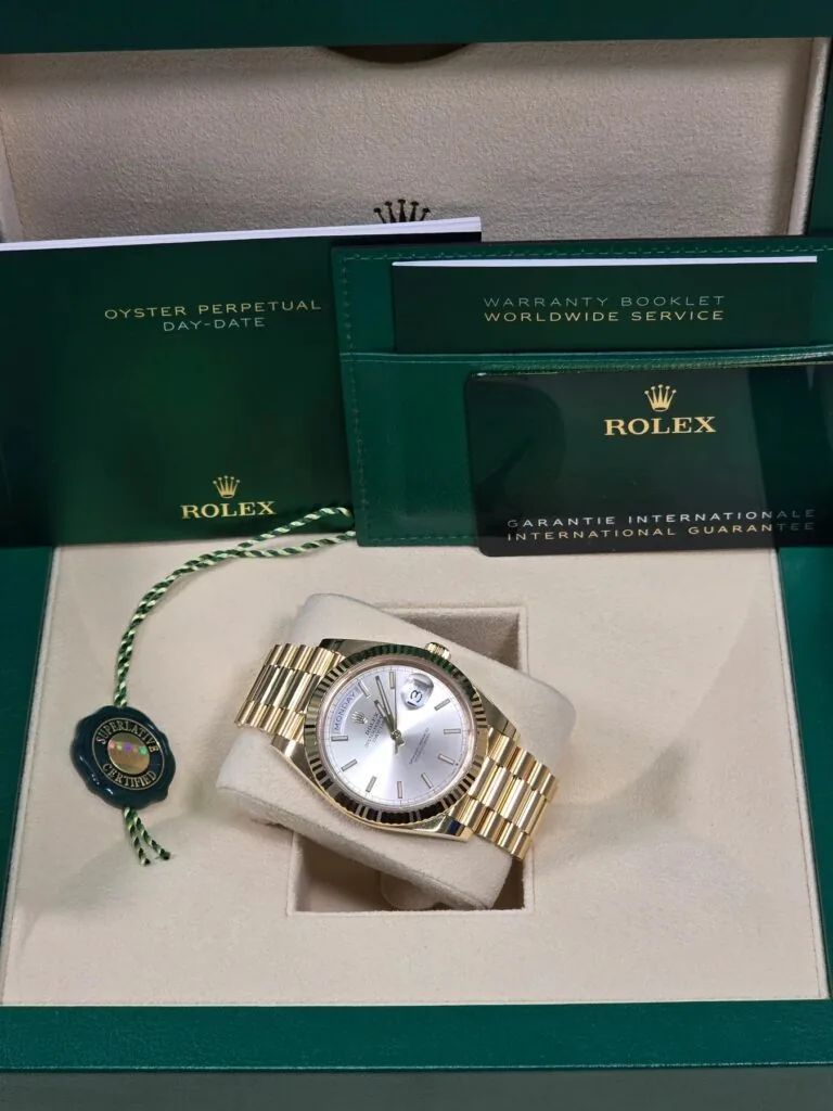 RLX Day-Date "President" 40mm Yellow Gold Silver Index Dial - 228238