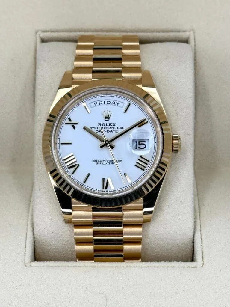 RLX Day-Date "President" 40mm Yellow Gold White Roman Dial - 228238
