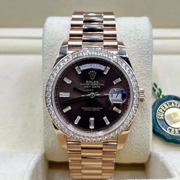 RLX Day-Date 40mm Chocolate Baguette Diamond Dial Diamond Bezel Dial Watch 228345RBR
