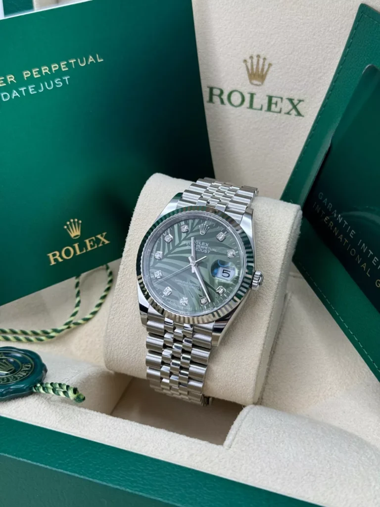 RLX Datejust 36mm 126234 Olive Green Palm Motif Diamond Dial Jubilee Stainless Steel Watch