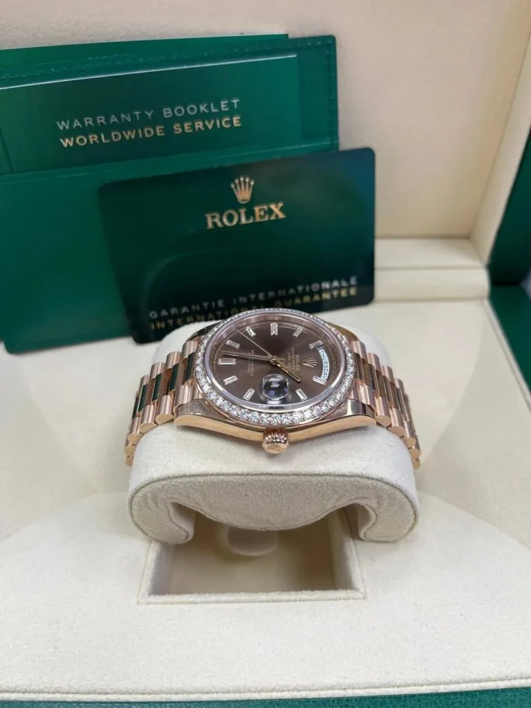 RLX Day-Date 40mm Chocolate Baguette Diamond Dial Diamond Bezel Dial Watch 228345RBR