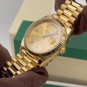 RLX Day-Date "President" 40mm Yellow Gold Champagne Diamond Baguette Dial - 228238