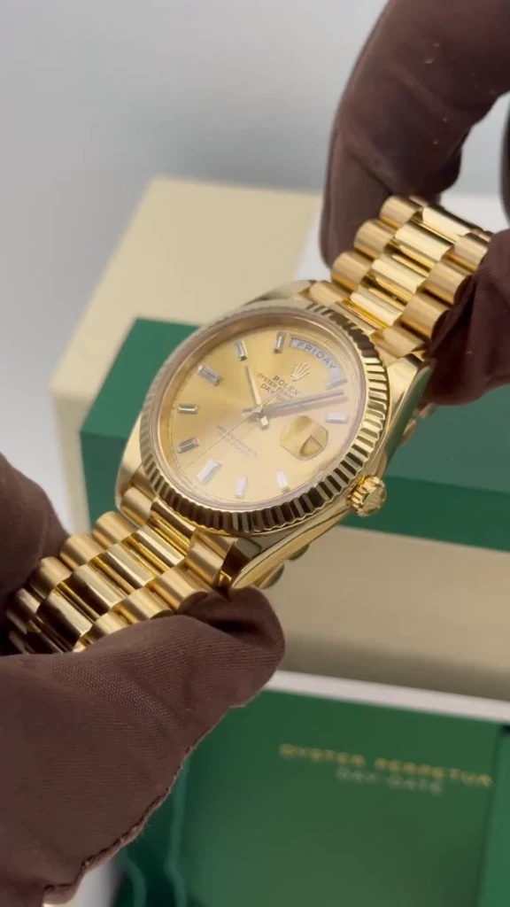 RLX Day-Date "President" 40mm Yellow Gold Champagne Diamond Baguette Dial - 228238