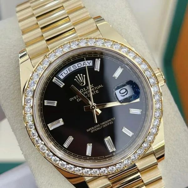 RLX Day-Date 40mm Black Diamond Dial and Diamond Bezel Yellow Gold President Bracelet 228348RBR-0001