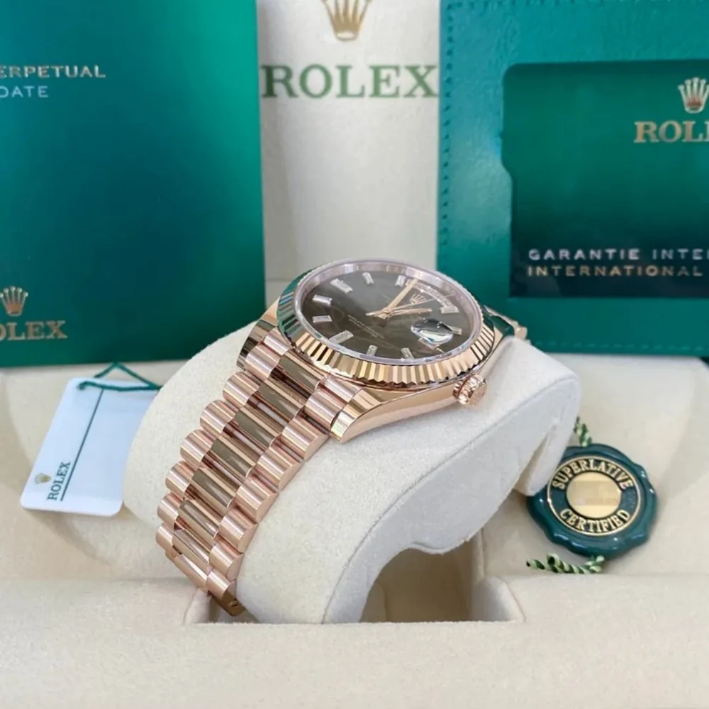 RLX Day-Date "President" 40mm Everose Eisenkiesel Diamond Baguette Dial - 228235