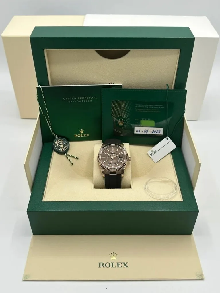 RLX Sky-Dweller 42mm Rose Gold Chocolate Dial Oysterflex - 336235