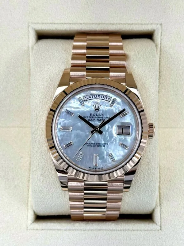 RLX Day-Date "President" 40mm Everose Gold Mother of Pearl Diamond Baguette Dial - 228235
