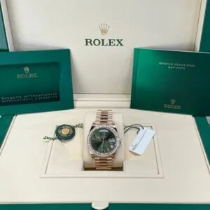 RLX "President" 40mm Everose Gold Olive Green Roman Dial Diamond Bezel - 228345RBR