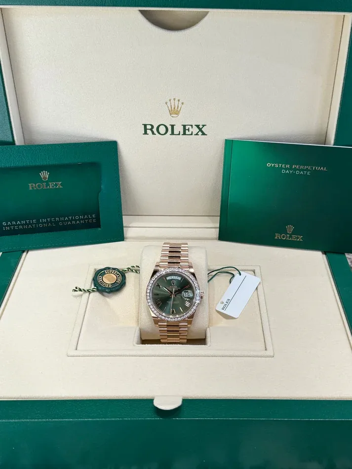 RLX "President" 40mm Everose Gold Olive Green Roman Dial Diamond Bezel - 228345RBR