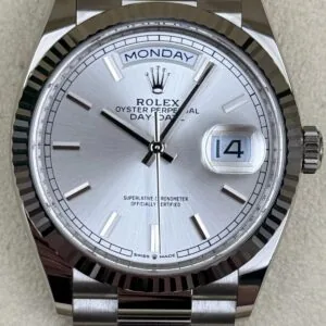 RLX Day-Date "President" 40mm White Gold Silver Diamond Baguette Dial - 228239