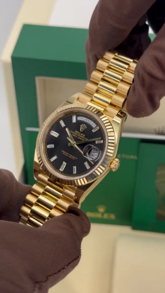 RLX Yellow Gold President Day Date 40mm Black Diamond Baguette Dial - 228238