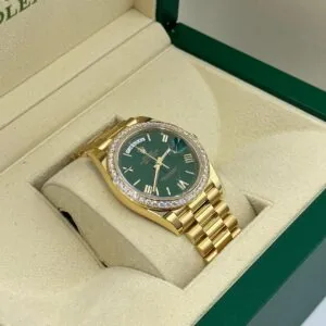 RLX Day-Date "President" 40mm Yellow Gold Green Roman Dial Diamond Bezel - 228348rbr