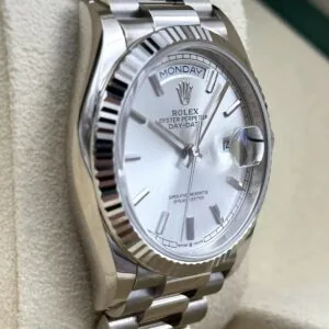 RLX Day-Date "President" 40mm White Gold Silver Diamond Baguette Dial - 228239