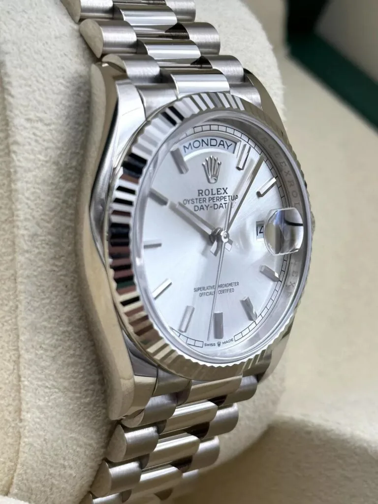 RLX Day-Date "President" 40mm White Gold Silver Diamond Baguette Dial - 228239