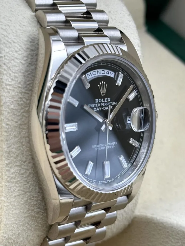 RLX Day-Date "President" 40mm White Gold Black Diamond Baguette Dial - 228239