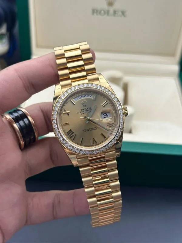 RLX Day-Date 40mm Champagne Dial and Diamond Bezel Yellow Gold President Bracelet 228348RBR-0003