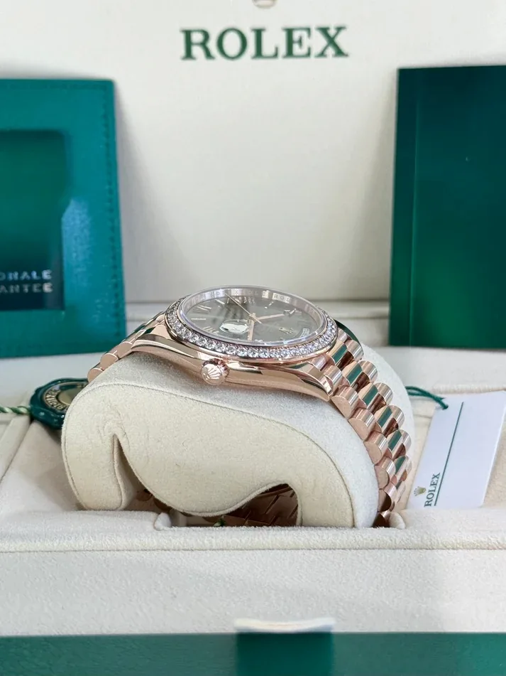 RLX "President" 40mm Everose Gold Olive Green Roman Dial Diamond Bezel - 228345RBR