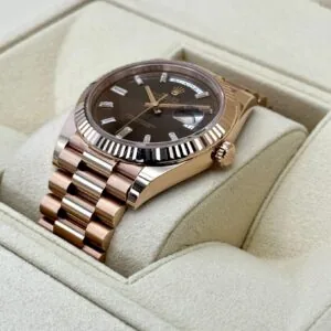 RLX Day-Date "President" 40mm Everose Gold Chocolate Diamond Baguette Dial - 228235