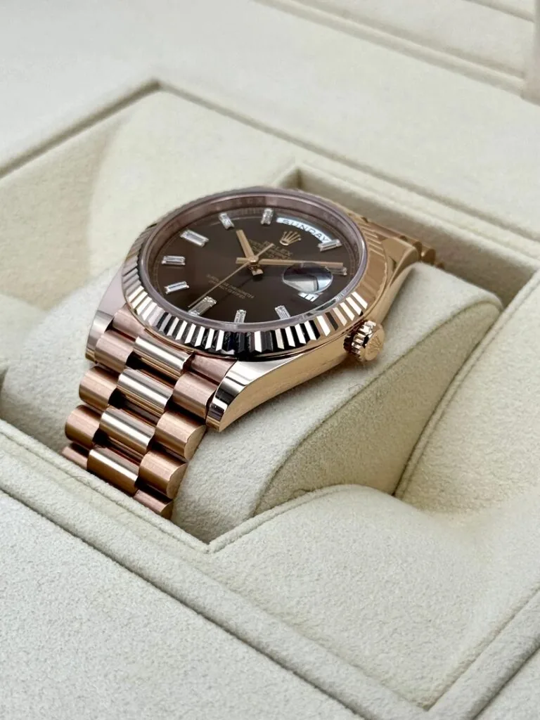 RLX Day-Date "President" 40mm Everose Gold Chocolate Diamond Baguette Dial - 228235